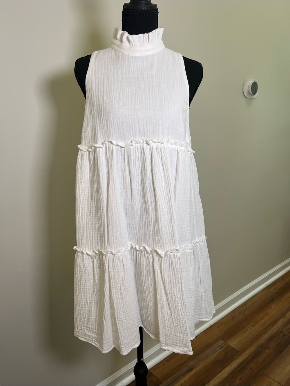 Pomander Place White Ruffled Tiered Mock-Neck Dress